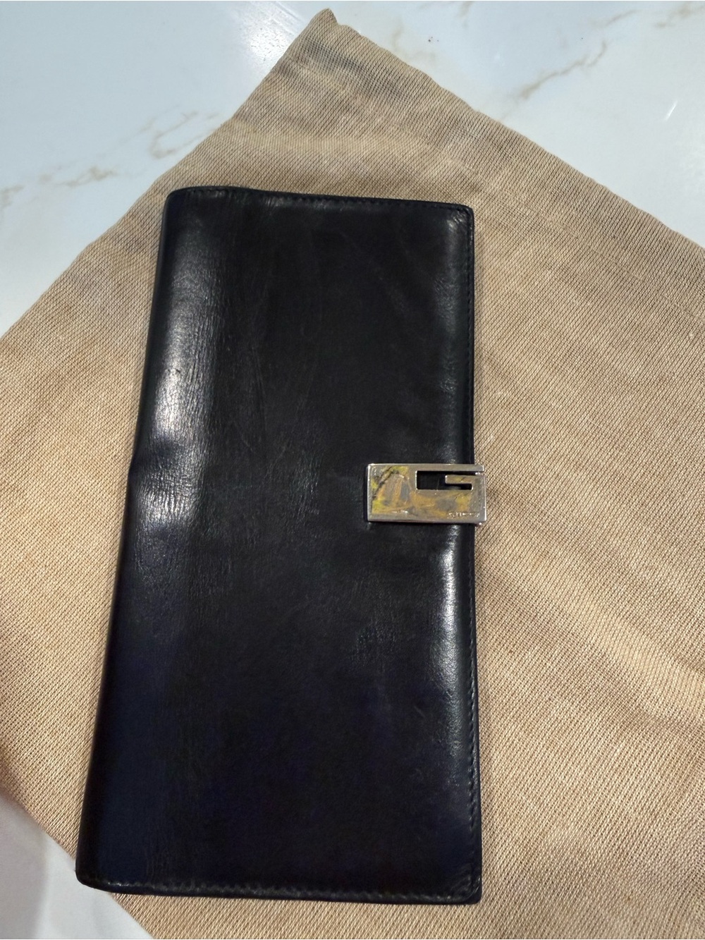 Gucci Black Leather Long Wallet with Silver-Tone Clasp